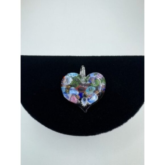 Authentic Murano Glass Millefiori Pendant Necklace Heart Shaped Glass Flower - Picture 2 of 5